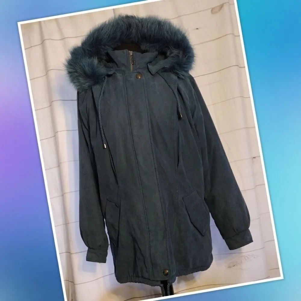 ST. John's Bay Romolite Faux Suede Coat Large With Removable Hood Trimmed In Fox